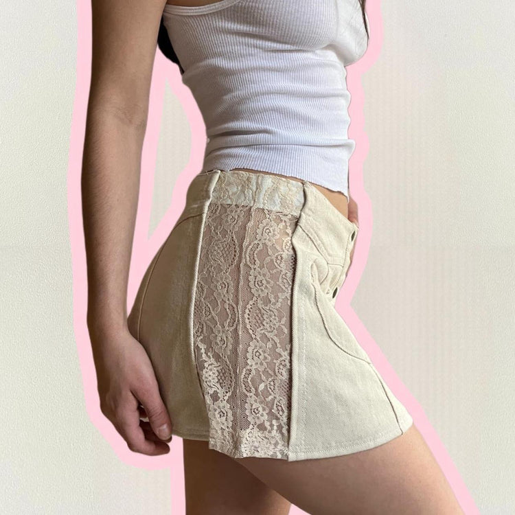 cream button up denim and lace mini skirt - XS