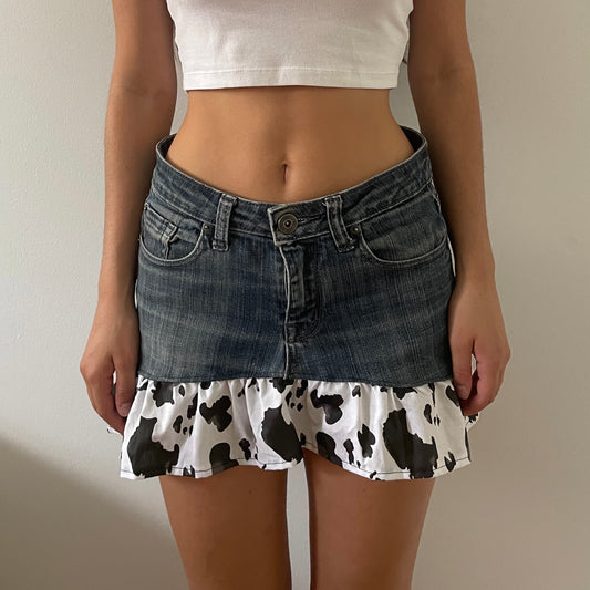 cow print + denim ruffled mini skirt - S